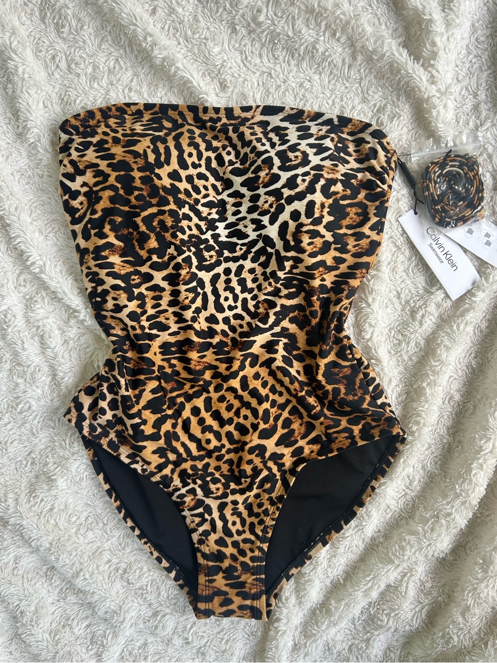 Calvin Klein Leopard Print Strapless One-Piece Swimsuit - Brown Black Tan